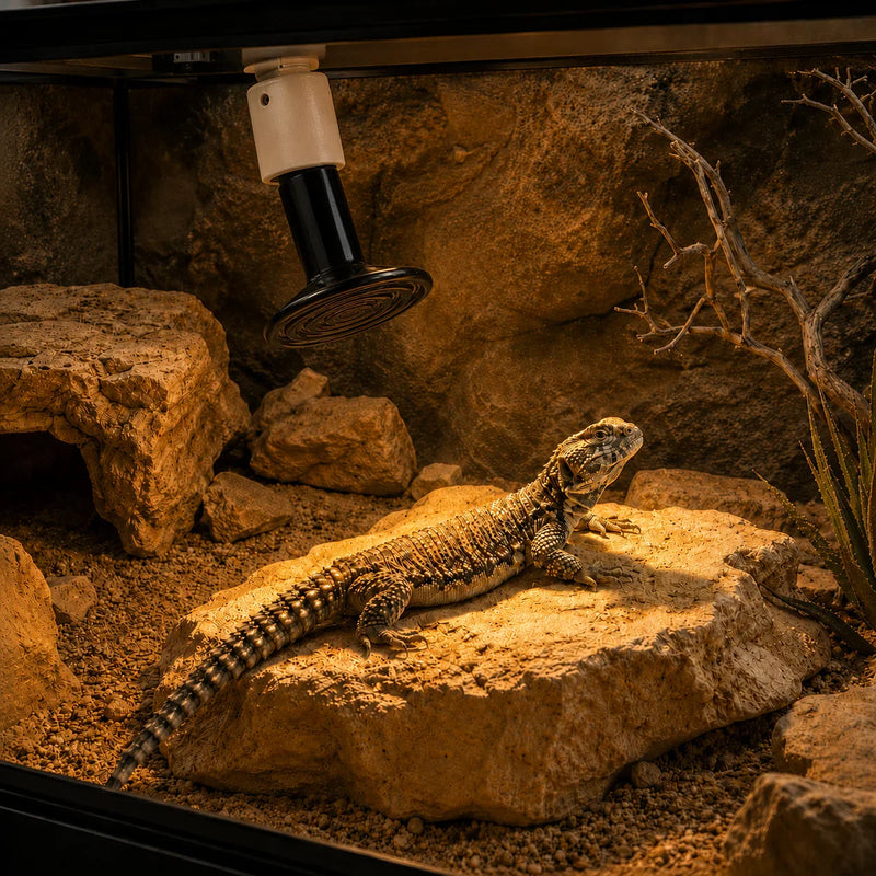 Iguana en terrario con iluminación UVB y calefacción, recreando hábitat natural con rocas y plantas.
