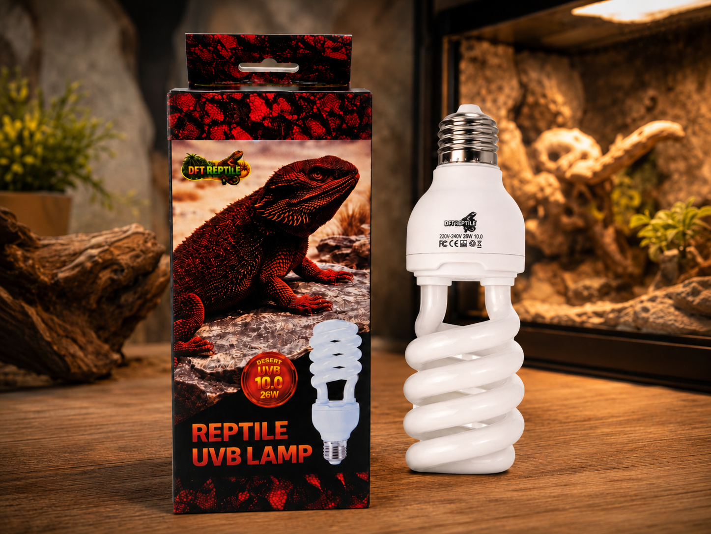 Terrario de reptiles con iluminación UVB y decoración natural