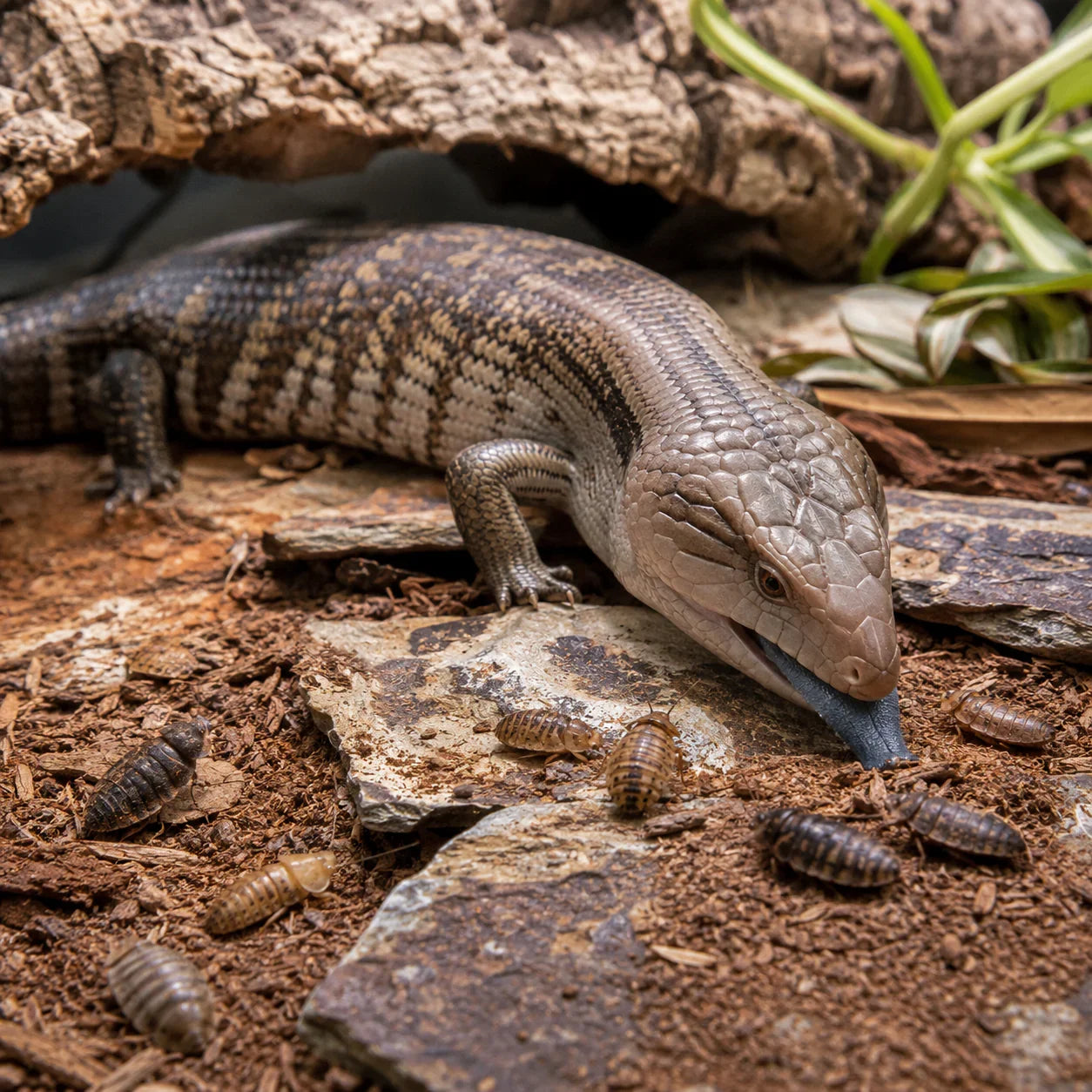 Lagarto azul comiendo insectos en terrario con rocas y plantas