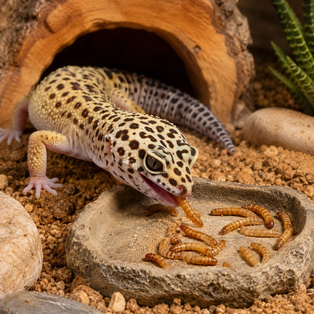Gecko comiendo gusanos en terrario con iluminación UVB y accesorios naturales