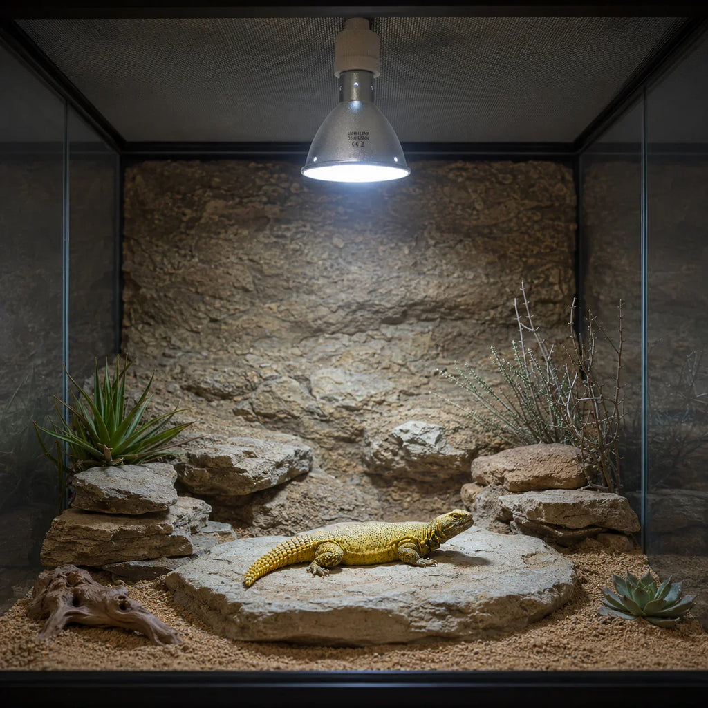 Iguana amarilla en terrario con iluminación UVB y rocas naturales para hábitat de reptiles