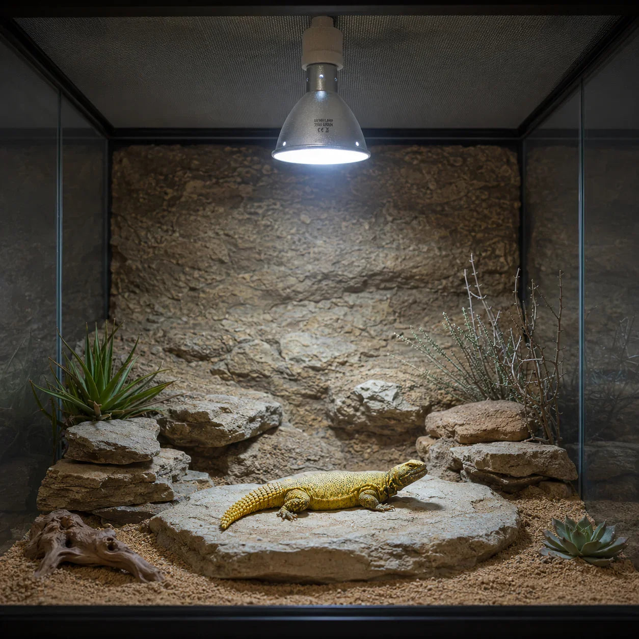 Iguana amarilla en terrario con iluminación UVB y rocas naturales para hábitat de reptiles