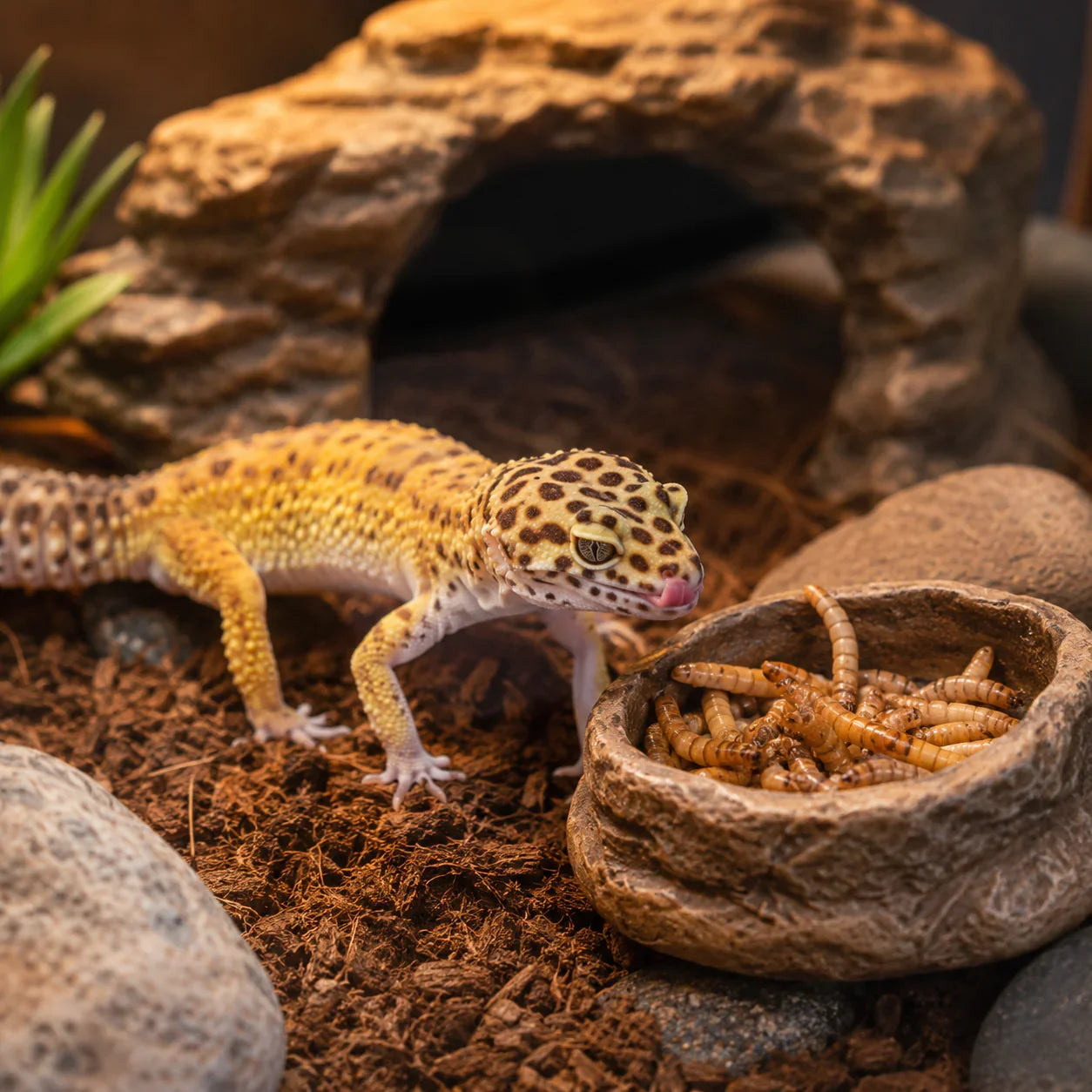 Gecko comiendo gusanos en terrario con rocas y refugio natural