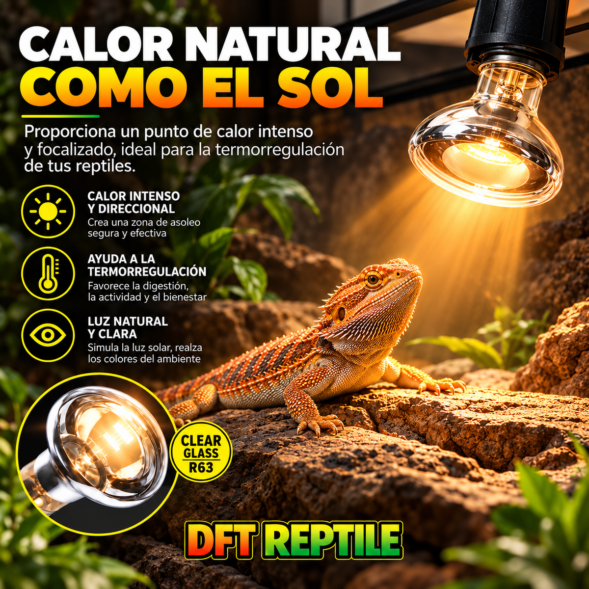 Basking Spot de calor creando un punto de calor focalizado para el asoleo y la termorregulación de reptiles.