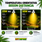 Comparativa orientativa de temperatura según distancia de las Basking Spot de calor de 25W y 50W para terrarios.