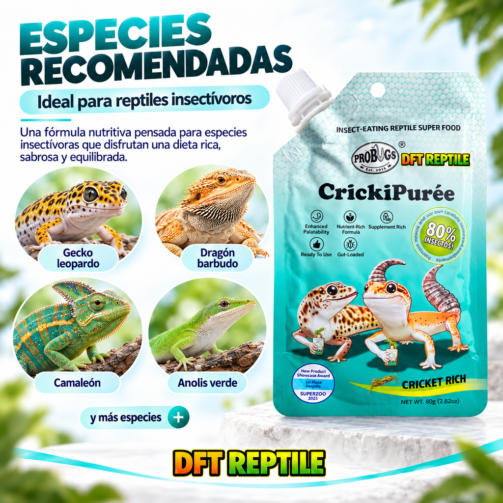 Especies de reptiles recomendadas para CrickiPuree, puré de grillo para reptiles 