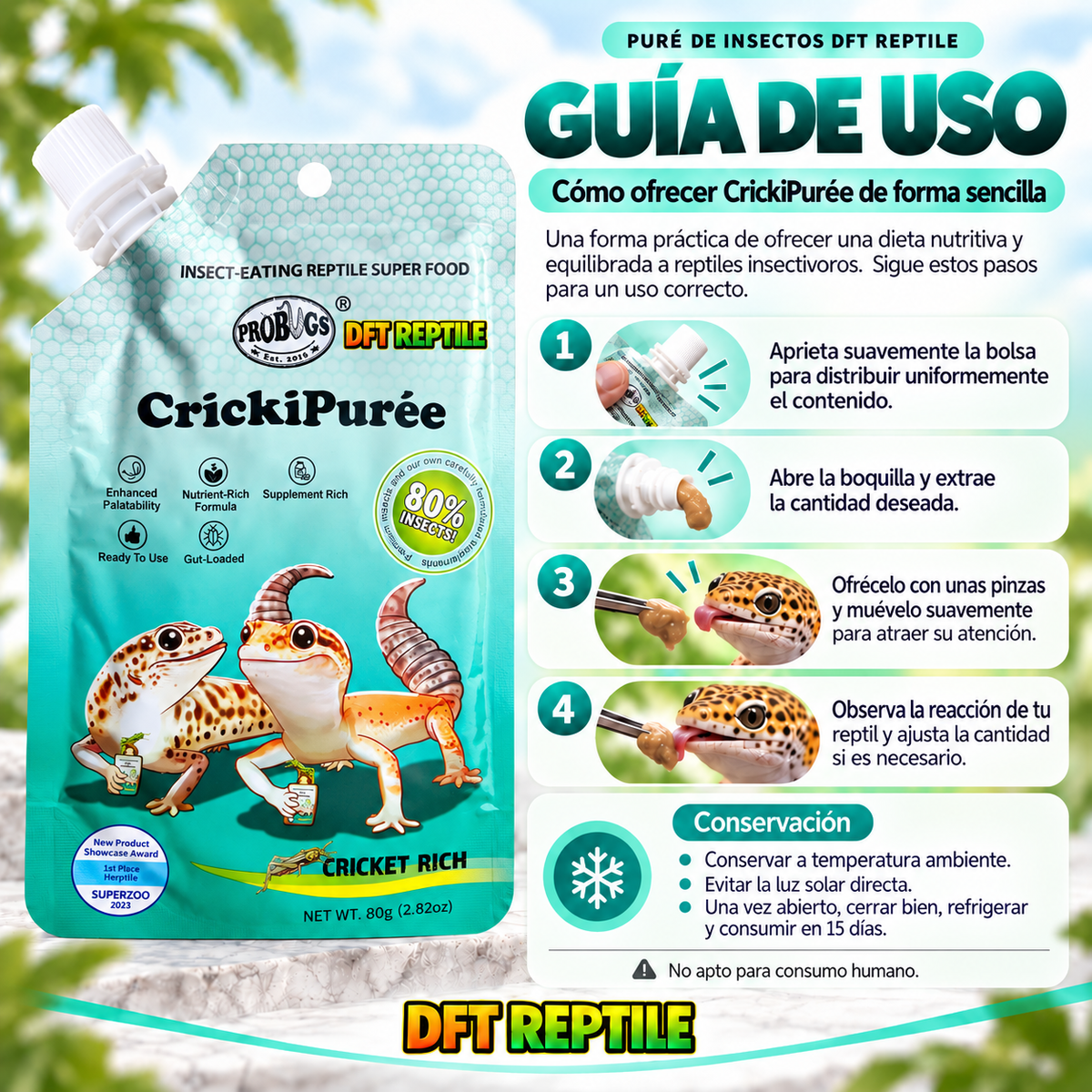 Guía de uso de CrickiPuree para ofrecer puré de insectos de forma sencilla a reptiles