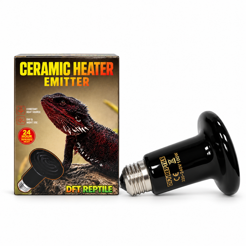 Bombilla de calor cerámica DFT REPTILE de 100W para terrario y reptiles junto a su caja original, con acabado negro y conexión E27.