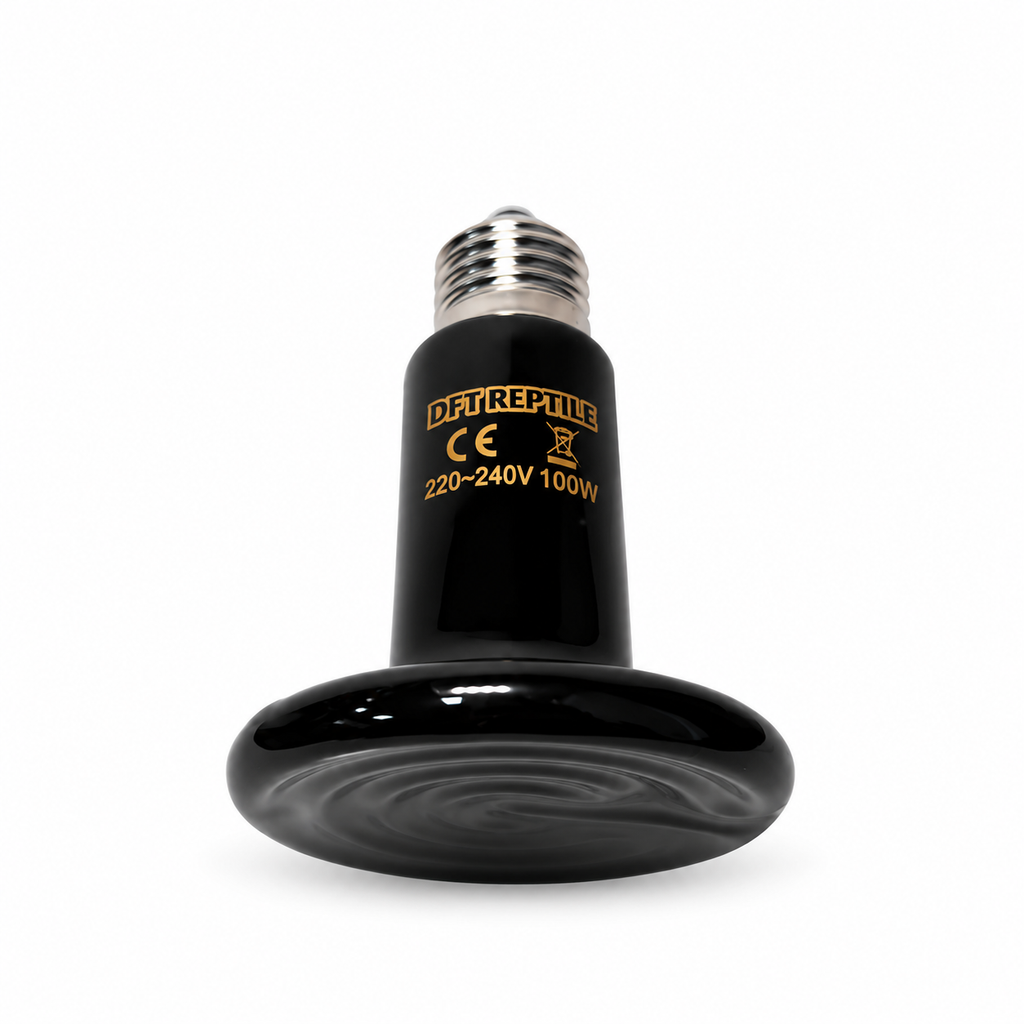 Emisor de calor cerámico negro para terrarios y reptiles DFT REPTILE de 100W con rosca E27, visto de frente sobre fondo blanco.