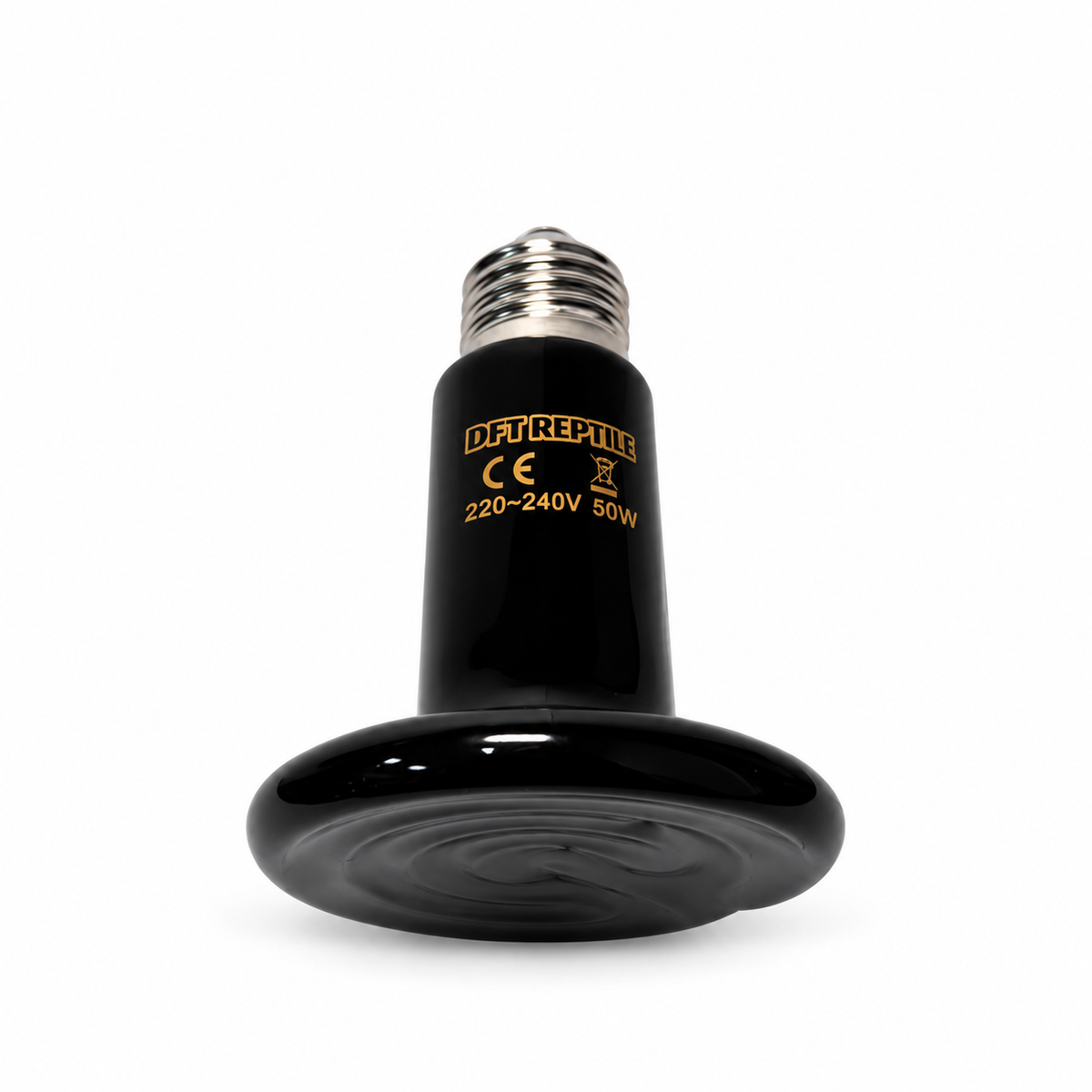 Emisor de calor cerámico negro para terrarios y reptiles DFT REPTILE de 50W con rosca E27, visto de frente sobre fondo blanco.