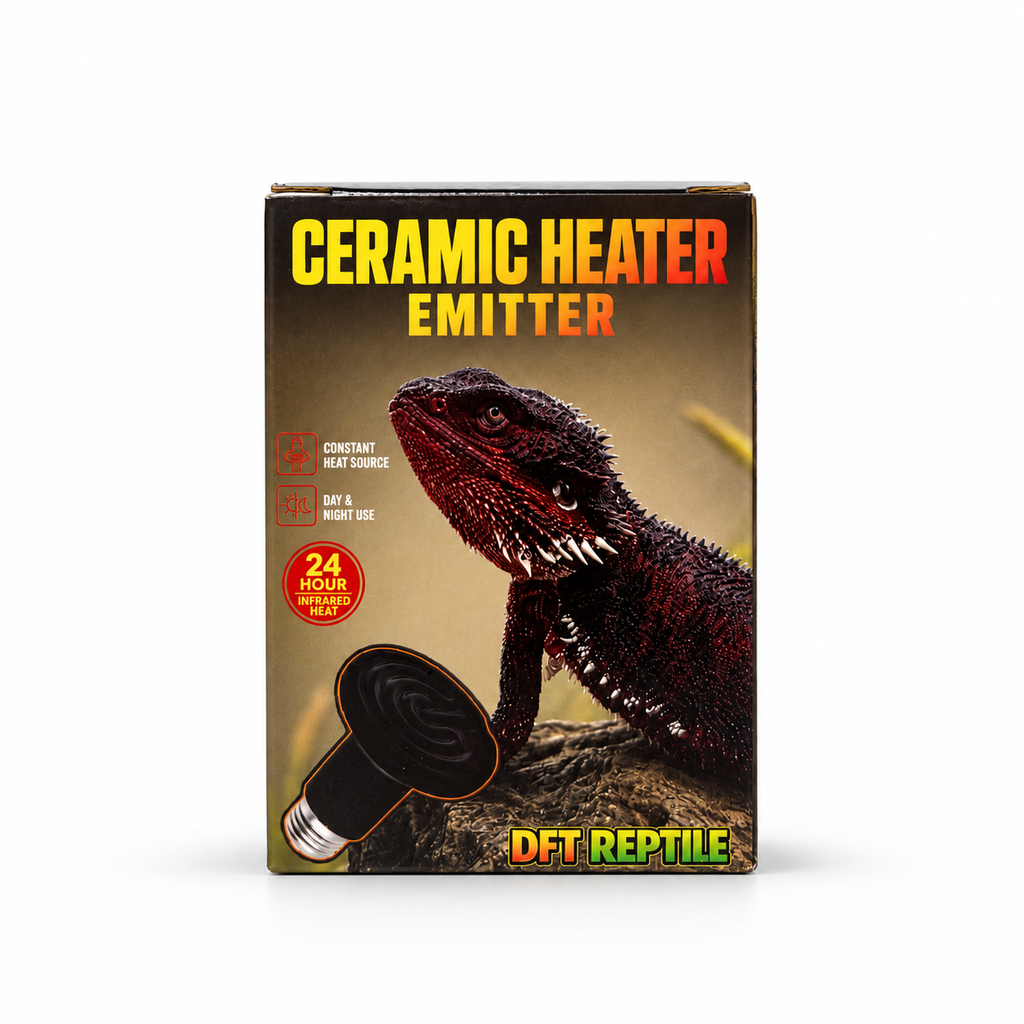 Caja original del bombilla de calor cerámica para terrario y reptiles DFT REPTILE, con ilustración de un reptil y logotipo de la marca.