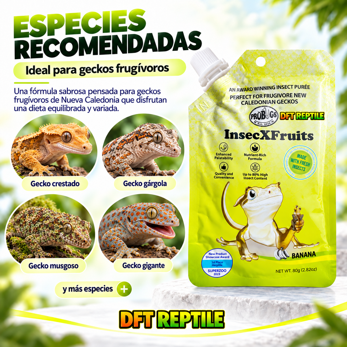 Especies de reptiles recomendadas para InsecXFruits, puré de platano, gusano de la harina y mango para reptiles 