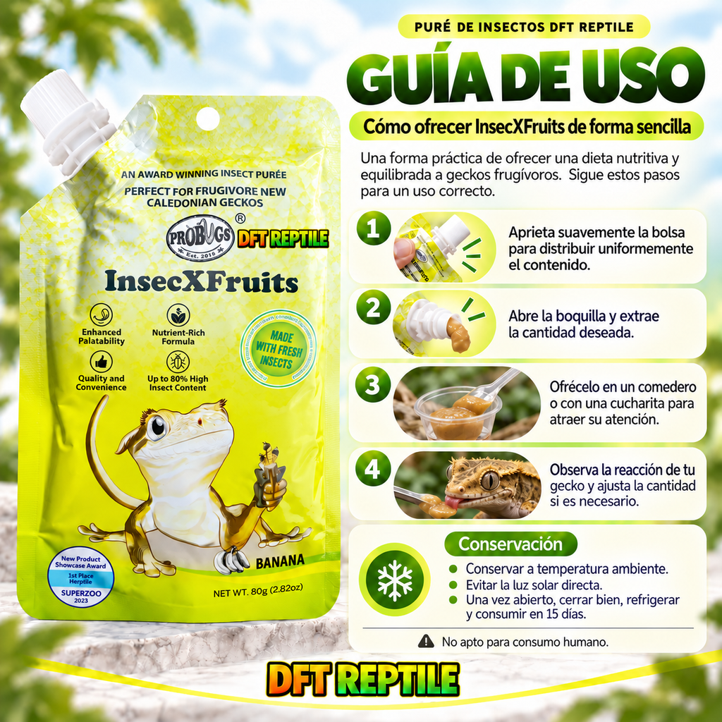 Guía de uso de InsecXFruits para ofrecer puré de  frutas e insectos de forma sencilla a reptiles