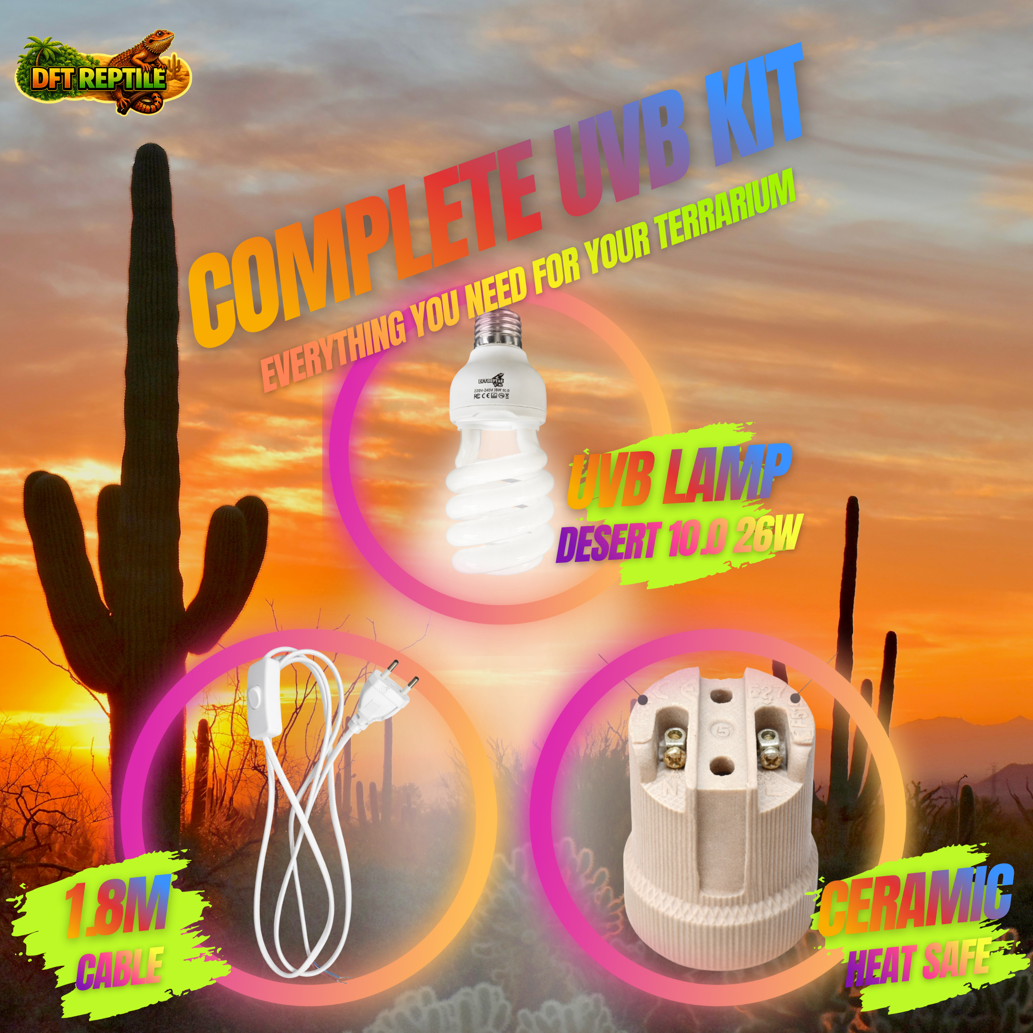 Kit completo de iluminación UVB para reptiles con bombilla 10.0, casquillo cerámico y cable con interruptor instalado en terrario