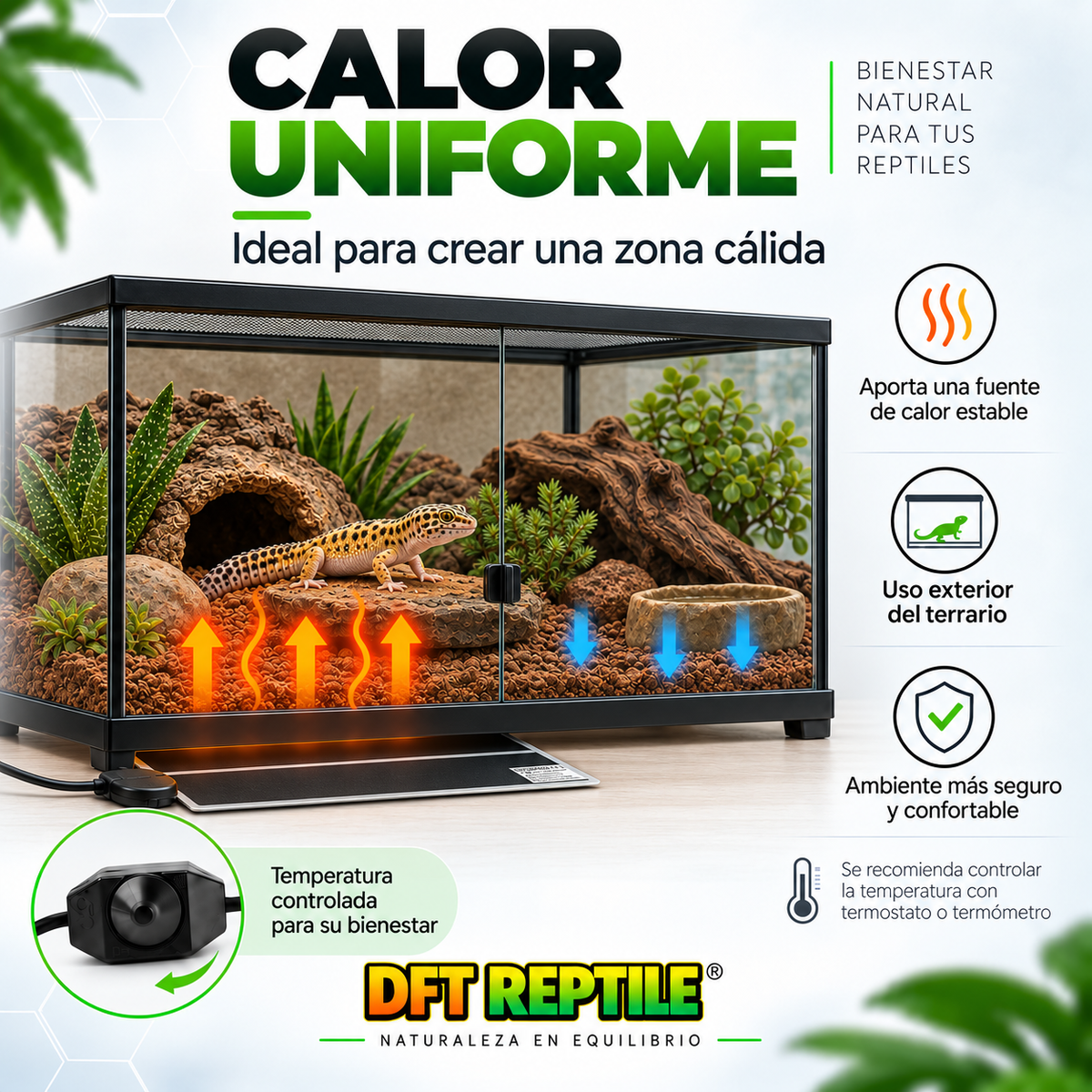 Manta térmica para reptiles instalada en el exterior del terrario para crear una zona cálida y una zona fresca