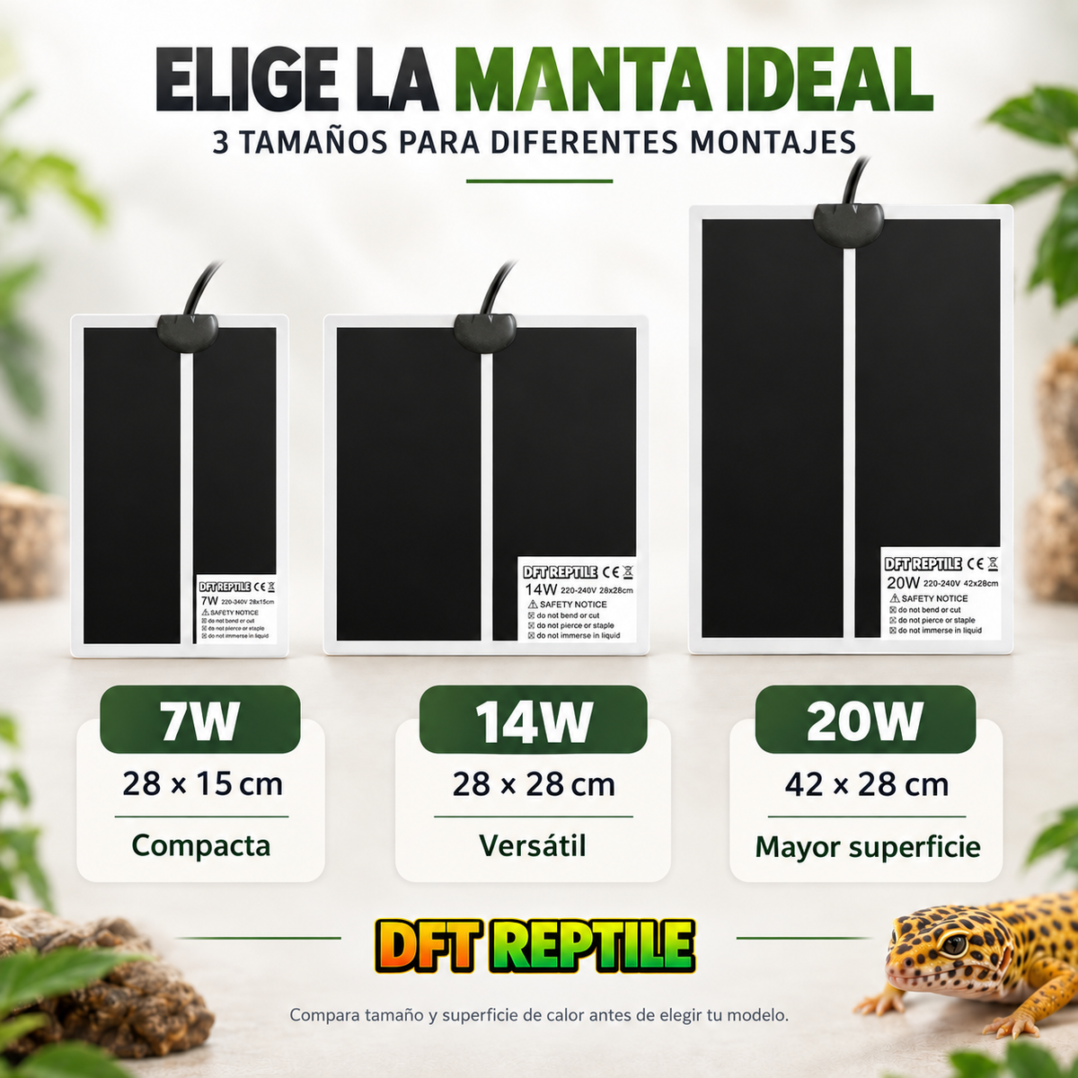 Comparativa de mantas térmicas DFT REPTILE de 7W, 14W y 20W en tres tamaños