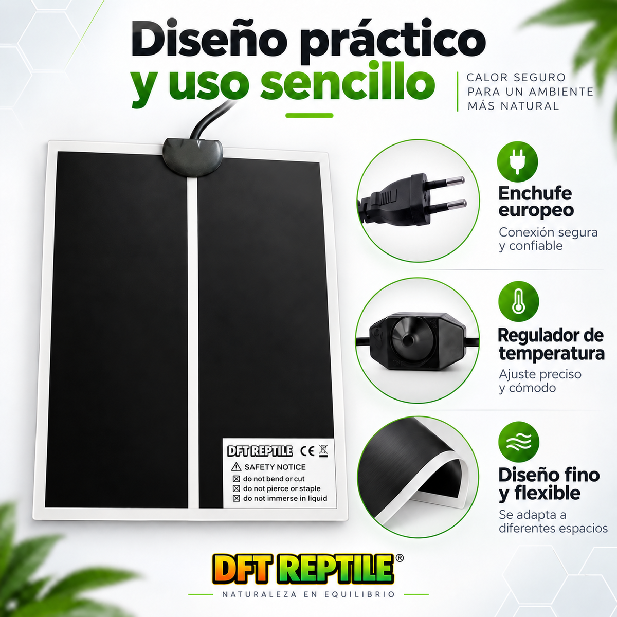 Manta térmica para terrario DFT REPTILE con regulador de calor ajustable y enchufe europeo