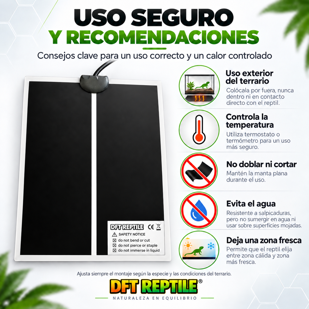 Recomendaciones de uso seguro para manta térmica de terrario DFT REPTILE