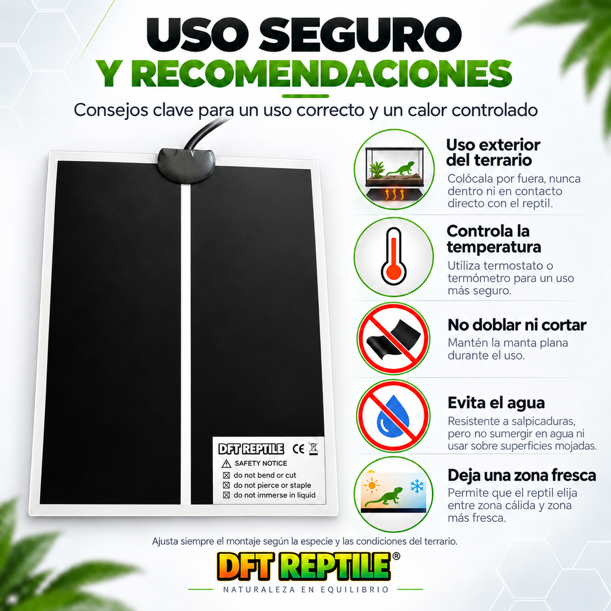 Recomendaciones de uso seguro para manta térmica de terrario DFT REPTILE