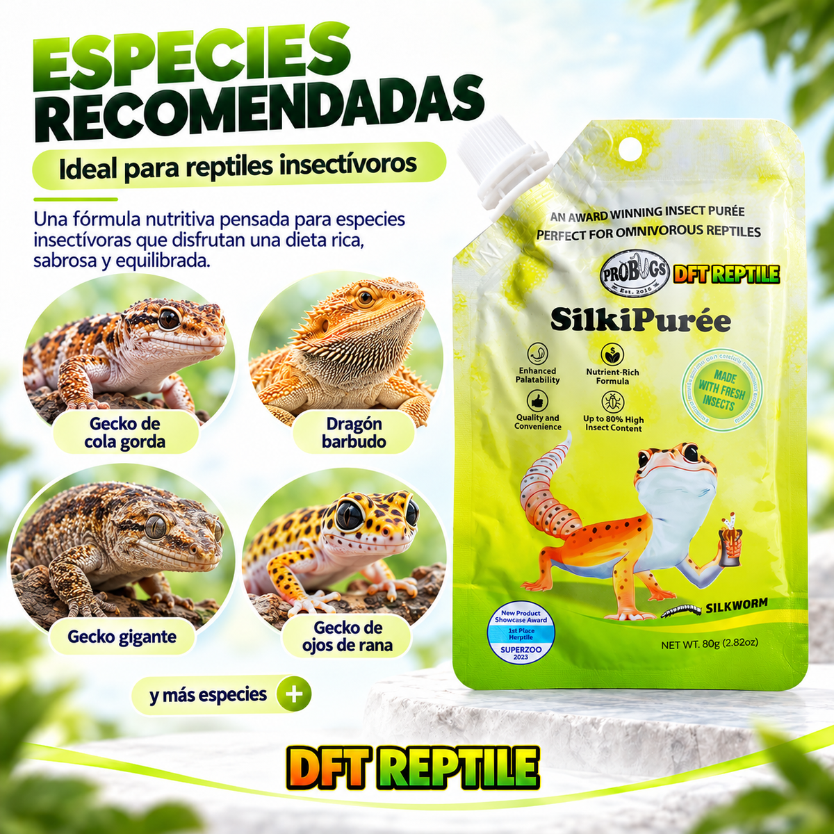 Especies de reptiles recomendadas para SilkiPurée, puré de gusanos de seda para reptiles 