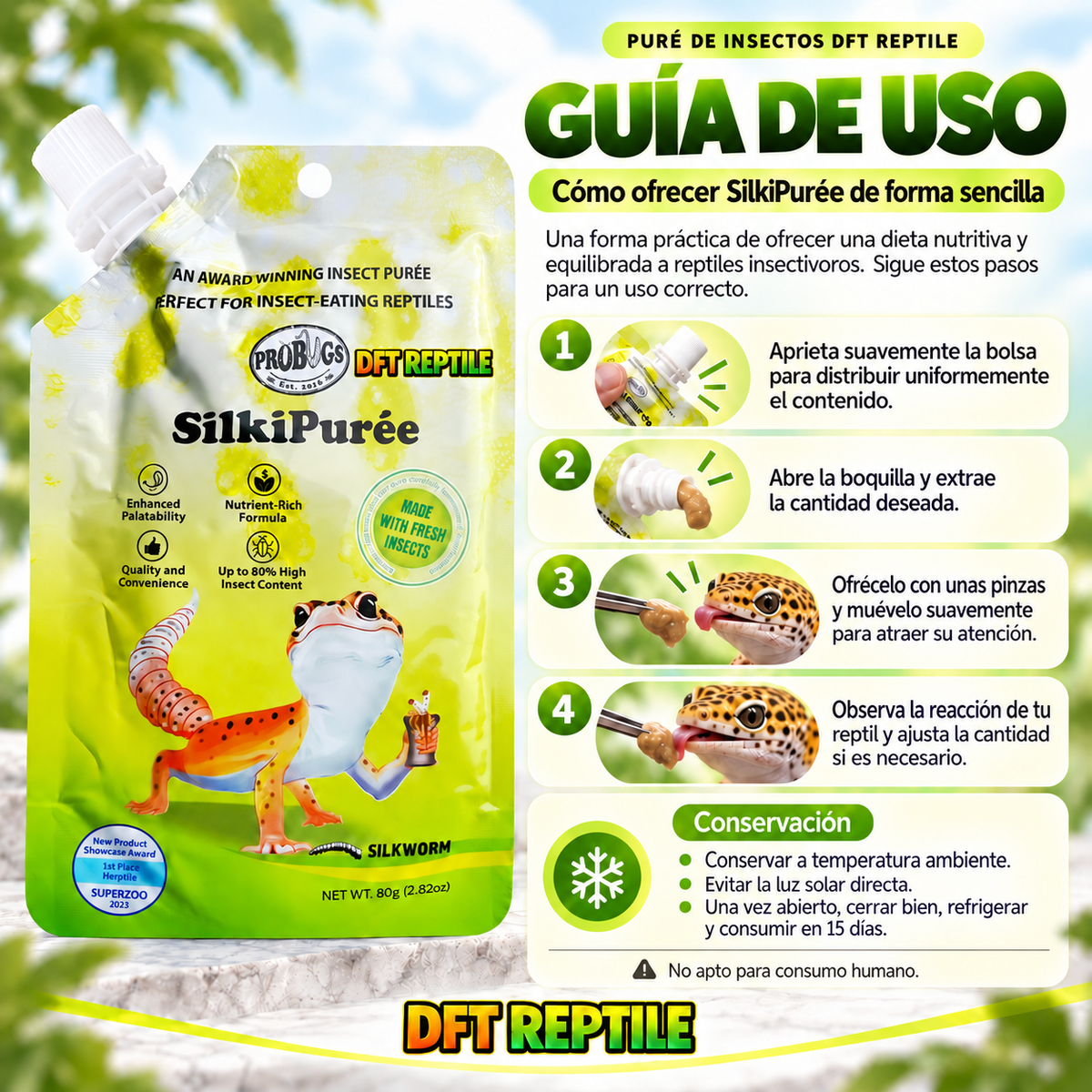 Guía de uso de SilkiPurée para ofrecer puré de insectos de forma sencilla a reptiles